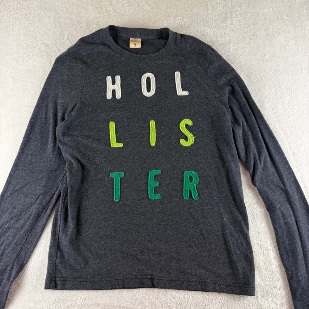 Hollister Vintage Long Sleeve Graphic Tee Logo Gray Mens XL Casual Shirt